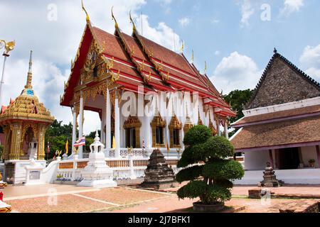 Ancient old ordination hall or antique ubosot church and ruins stupa chedi for thai people visit respect praying blessing holy worship at Wat Chomphuw Stock Photo