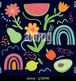 Big set of hand drawn various doodles with spring summer objects, rainbow and fruits watermelon, pear and avocado. Stock Vector