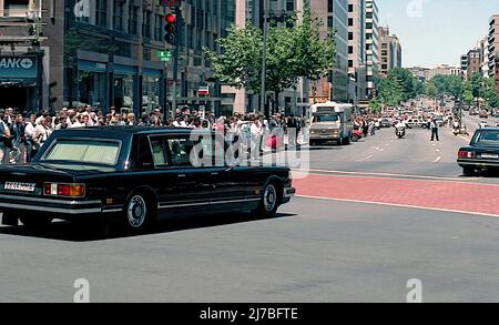 WASHINGTON  DC. USA -  MAY 31, 1990  Russian President Mikhail Sergeyevich Gorbachev waves from the window of his Zil limousine as he rides back and forth from the Russian Embassy building on 16th street to the White House for summit meetings with President George H.W. Bush. Stock Photo