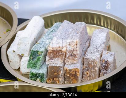Traditional turkish delights sweets at the Rural market Latvia Stock Photo