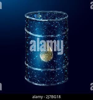 Barrel with oil. Glowing barrel of petroleum with a drop of oil. Wireframe low poly graphics. Isolated on dark blue background. Vector illustration. Stock Vector