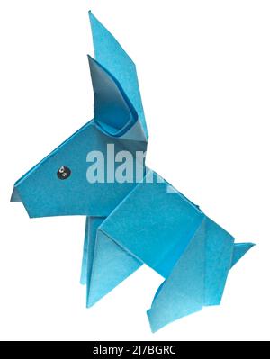 Blue origami rabbit isolated on white background Stock Photo