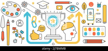 Success of creative design, business solution. Abstract growth and graduation of artist in beret, vision and strategy of artwork advertising in infographic concept banner, thin line art design Stock Vector