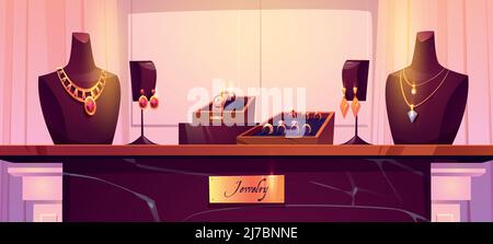 Jewelry shop display with gold necklaces on mannequins, rings with diamonds, wristwatch in box and earrings. Vector cartoon illustration of store show Stock Vector