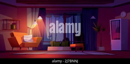 Night Living room interior with large panoramic windows at dusk time. Cottage with view on starry sky and glow lamps. Modern house apartment with furn Stock Vector