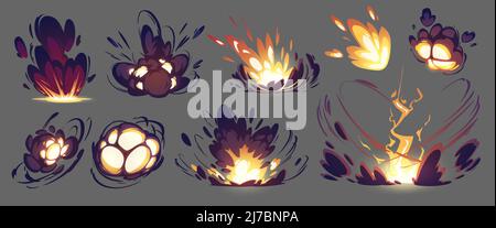 Bomb explosion, rocket hit animation effect. Vector sprite sheet of blast with fire and black smoke clouds. Cartoon illustration of burst with flame a Stock Vector