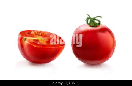 Tomato cherry, red tomatoes whole and half with green stalk, realistic vector illustration isolated on white background. Sliced pomodoro, raw organic Stock Vector