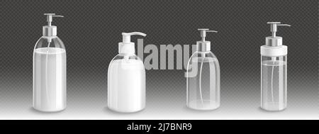 Transparent pump bottles for liquid soap, lotion or shampoo 3d vector mockup. Isolated glass or plastic containers, blank packages with dispenser for Stock Vector