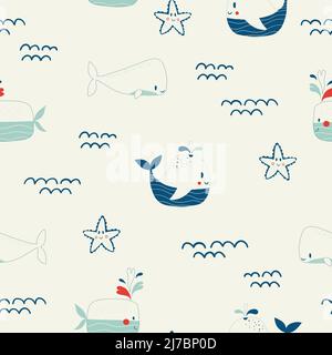 Vector hand drawn colored childish seamless repeating simple flat pattern with whales and starfish in scandinavian style. Cute baby animals. Pattern Stock Vector
