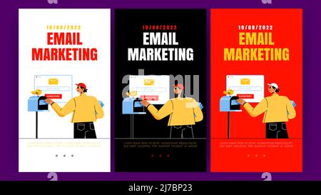 E-mail marketing mobile app onboard screen pages with postman girl put letter envelopes in mailbox near computer desktop with browser. Electronic mess Stock Vector