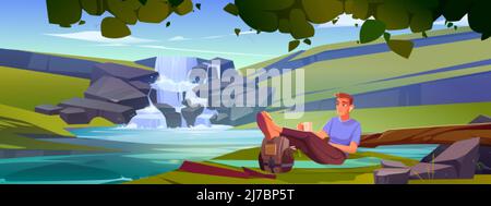 Man tourist relax at nature landscape with waterfall. Cartoon male character resting on mat with cup of coffee in hands and legs lying on backpack lis Stock Vector