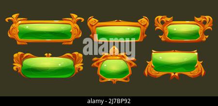 Game ui frames, green medieval borders with gold rims. Interface menu elements, buttons, banners or sign boards with golden ornate vignette and glass Stock Vector