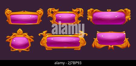Fantasy game buttons with gold frames different shapes. Vector user interface elements for rpg game. Cartoon set of empty pink banners with golden bor Stock Vector