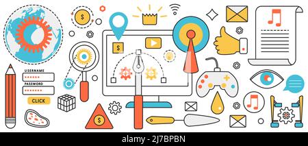 Game development for computer, mobile phone. Abstract modern digital application, video gaming and data signs, joystick and developers tools in infographic concept banner, thin line art design Stock Vector