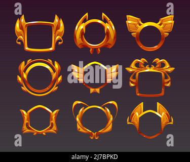 Ui game frames, gold textured round, square and hexagon borders with ornate rims and decor. Cartoon isolated graphic design gui elements for medieval Stock Vector