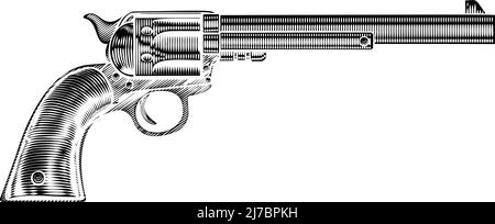 Western Cowboy Gun Pistol Revolver Woodcut Style Stock Vector