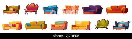Cartoon couches and sofas furniture isolated set. Classic and modern design made of leather, fabric, buttoned quilted upholstery with pillows, interio Stock Vector