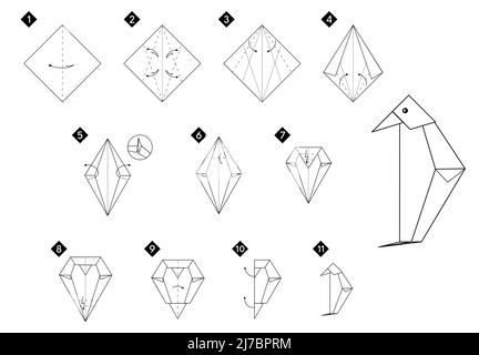 How to make origami penguin bird. Step by step instructions. Monochrome black and white vector DIY illustration. Stock Vector