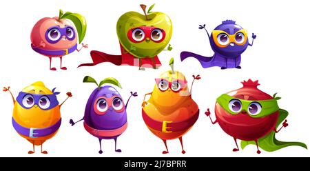 Funny fruit and berries superhero characters in mask and cape. Vector cartoon set of happy super hero mascots, cute apple, plum, pear, peach, blueberr Stock Vector