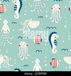 Seamless underwater pattern with cute octopuses Vector cartoon ...