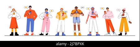 People talk by smartphones, characters communicate and browsing social networks with speech bubbles. Men and women stand in row using gadgets, chat in Stock Vector