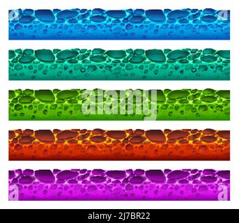 Game grounds textures of different colors lava. Vector cartoon set of land platforms with seamless pattern of hot liquid magma with stones isolated on Stock Vector