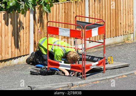 Openreach telephone engineer in high visibility jacket at work on his knees bending over & head down manhole working on repairing telephone cable UK Stock Photo