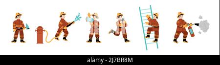 Set of fire fighters kid in uniform fighting with blaze. Boy fireman holding ladder, extinguisher, water hose and axe. Child character save kitten, ye Stock Vector