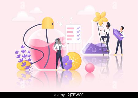 New fragrance, perfume creation. Tiny people create floral parfum, natural aroma scent in spray bottle, perfumers making fresh composition flat vector illustration. Aromatherapy, perfumery concept Stock Vector