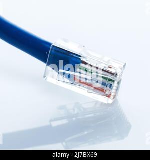 Close up of blue Ethernet cable wire Stock Photo