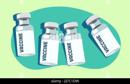 Set of vaccine vials illustration. Vaccination concept. Medical ampules on green blob background. Stock Vector