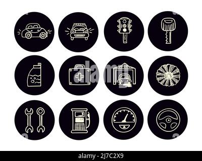 Сars and car repair, vector icon set Stock Vector