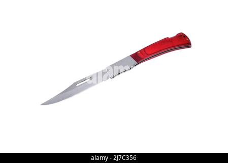 an elegant folding knife with wooden overlays on the handle, white background close-up Stock Photo