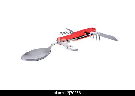 Travel tool spoon, fork, knife multifunctional set, utility knife with travel and tourism tool set, close-up white background Stock Photo