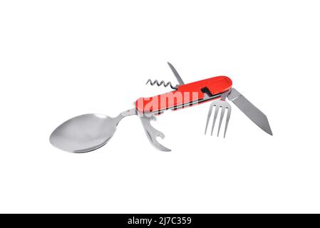 Travel tool spoon, fork, knife multifunctional set, utility knife with travel and tourism tool set, close-up white background Stock Photo