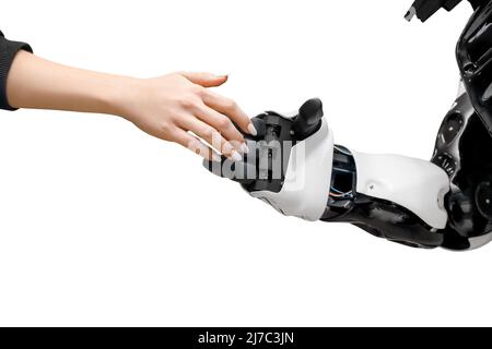 Hands of woman and futuristic humanoid robot on white background Stock Photo