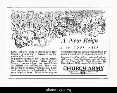 A 1953 advert for The Church Army. The advert appeared in a magazine published in the UK in June that year – the issue was a special edition, published to mark the coronation of Queen Elizabeth. The illustration shows a royal procession and it requests donations for its work with the words ‘A New Reign’. The Church Army began as an organisation of lay evangelists within the Church of England, founded on the model of the Salvation Army in the slums of London in 1882 by Wilson Carlile. Later it became mainly concerned with social work & rehabilitation – vintage 1950s graphics for editorial use. Stock Photo