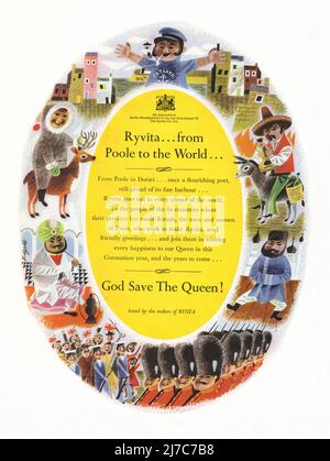 A 1953 advert for Ryvita crispbread. The advert appeared in a magazine published in the UK in June that year – the issue was a special edition, published to mark the coronation of Queen Elizabeth. The illustration shows people from Commonwealth countries around the world where Ryvita is exported from its production line in Poole, Dorset, England. Also included are the words ‘God save The Queen’ – vintage 1950s graphics for editorial use. Stock Photo