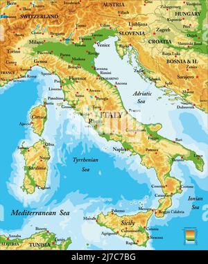 Highly detailed physical map of Italy,in vector format,with all the relief forms,states and big cities. Stock Vector