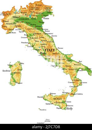 Highly detailed physical map of Italy,in vector format,with all the relief forms,regions and big cities. Stock Vector