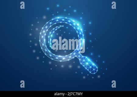 Magnifying glass 3d symbol in blue low poly style. Analysis, search tool design concept vector illustration. Loupe polygonal wireframe. Stock Vector