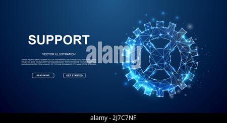 Gear 3d low poly symbol with connected dots for landing page. Gear wheel design illustration concept. Polygonal Industry development illustration Stock Vector