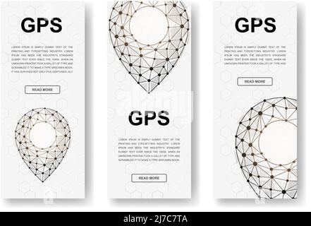 Set of three Location pins polygonal vertical banners. 3d Gps low poly symbols with connected dots. Vertical illustration for homepage design. Stock Vector