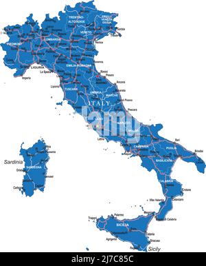 Highly detailed vector map of Italy with administrative regions,main cities and roads. Stock Vector