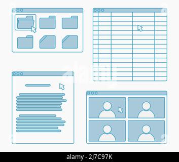 desktop app window set sheet report video conference folder vector flat illustration Stock Vector