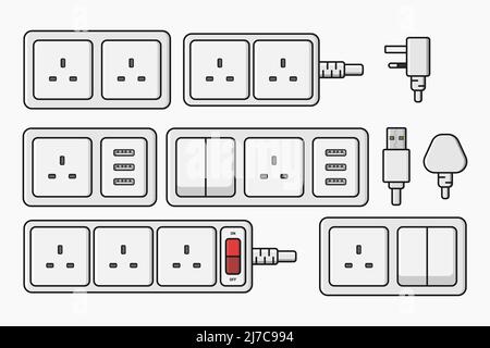 power outlet plug electric socket type g switcher set vector flat illustration Stock Vector