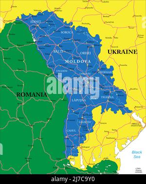 Highly detailed vector map of Moldova with administrative regions, main cities and roads. Stock Vector