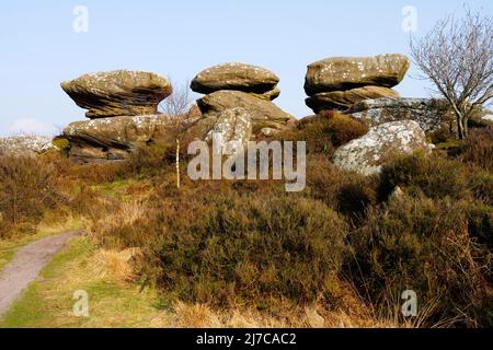 Three weathered gritstone rocks standing on a low mound in North Yorkshire. Stock Photo