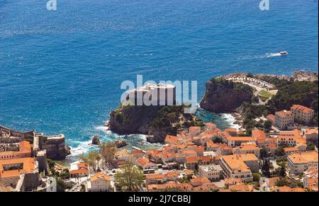 Aerial view of the old town Dubrovnik with red roofs, Croatia. Stock Photo