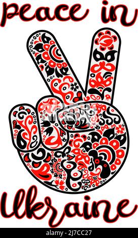 Folkloric pattern with victory gesture and lettering Peace in Ukraine in red and black colors Stock Vector